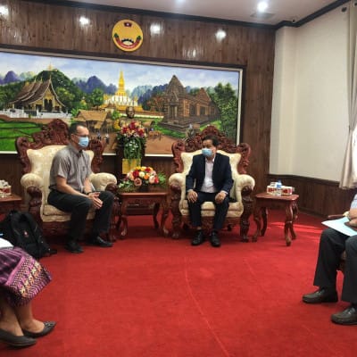 Meeting between Steve and the new VP of Lao Front Mr. Chanpheng who is responsible for religion. Seated to the right is Mr. Khanonglith the Director of Religious Affairs, seated to the left is Manichanh Keohavong, IGE Peace Building trainer.
